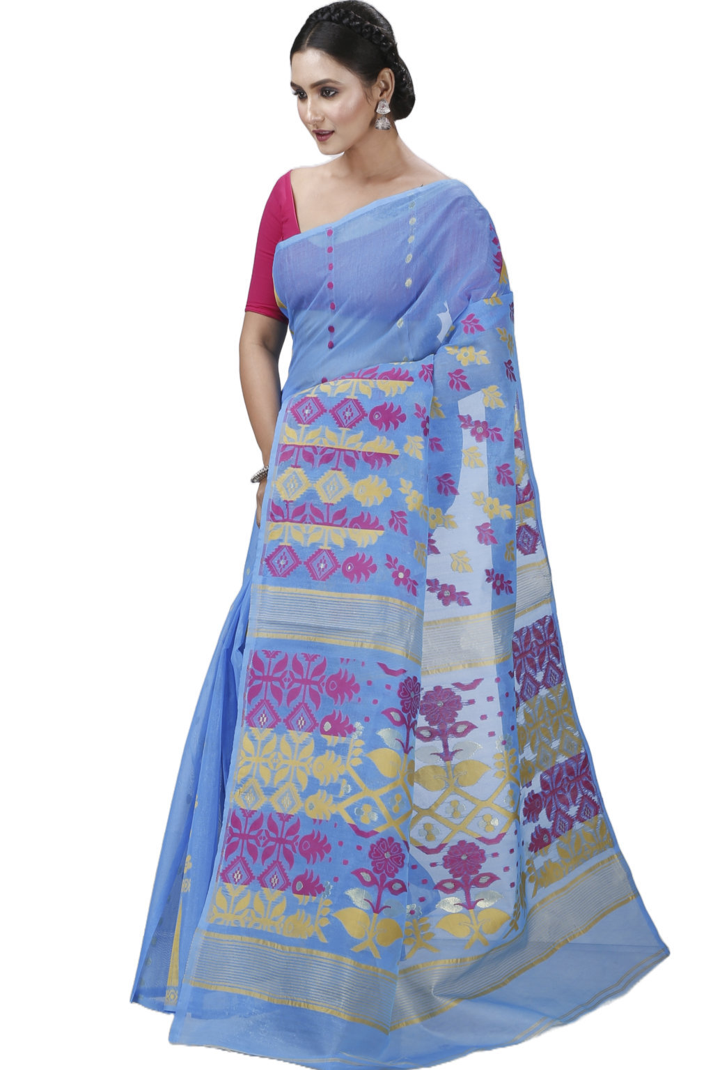 Sky Blue Pure Cotton Urmila Jamdani Saree (1125)